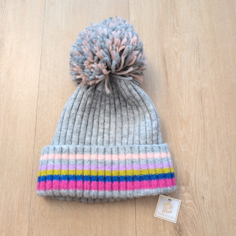 Shiraleah Chicago Grey Ribbed Knit Beanie Pom Pom Striped Cuff Winter Hat NWT